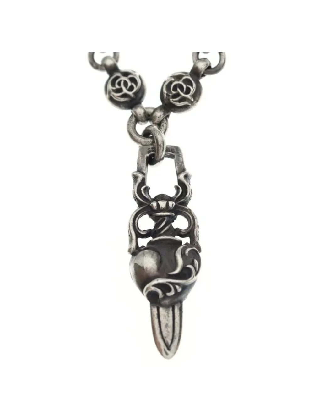 Chrome Hearts 1 Frlbl Chn Heart Dagger Floral Ball Chain Daga Necklace Silver